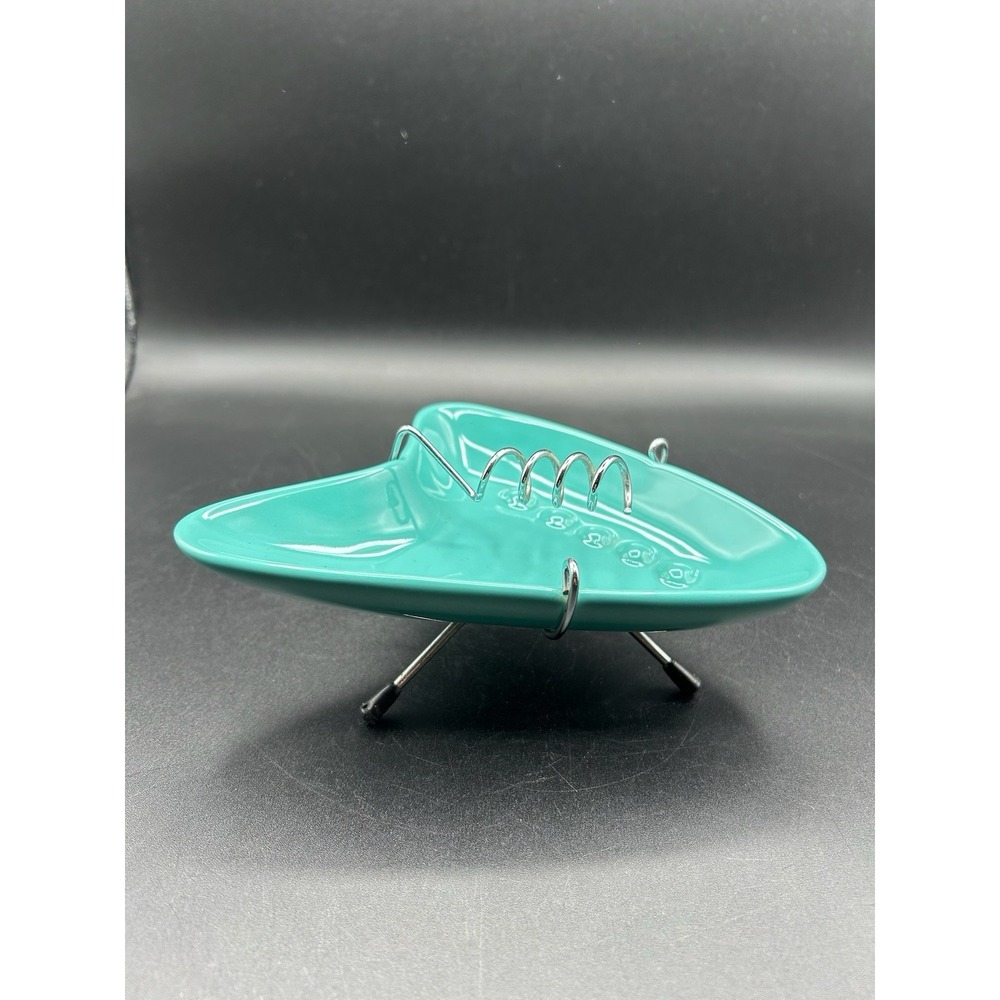 VTG Mid Century Modern Atomic Boomerang Ceramic Ashtray with Stand Glossy Teal